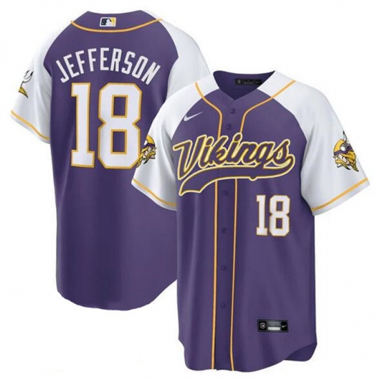 Men Minnesota Vikings 18 Justin Jefferson Purple White Cool Base Stitched Baseball Jersey Men Minnesota Vikings 18 Justin Jefferson Purple White Cool Base Stitched Baseball Jersey