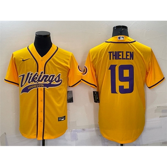 Men Minnesota Vikings 19 Adam Thielen Gold With Patch Cool Base Stitched Baseball Jersey Men Minnesota Vikings 19 Adam Thielen Gold With Patch Cool Base Stitched Baseball Jersey