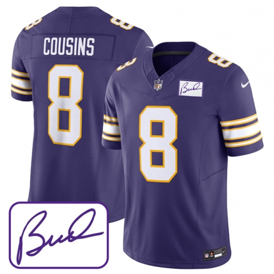 Men Minnesota Vikings 8 Kirk Cousins Purple 2023 F U S E Bud Grant Patch Limited Stitched Jersey Men Minnesota Vikings 8 Kirk Cousins Purple 2023 F U S E Bud Grant Patch Limited Stitched Jersey