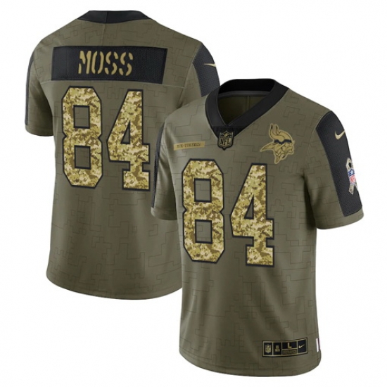 Men Minnesota Vikings 84 Randy Moss 2021 Salute To Service Olive Camo Limited Stitched Jersey Men Minnesota Vikings 84 Randy Moss 2021 Salute To Service Olive Camo Limited Stitched Jersey