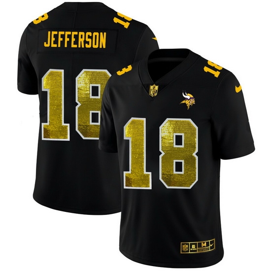 Minnesota Vikings 18 Justin Jefferson Men Black Nike Golden Sequin Vapor Limited NFL Jersey Minnesota Vikings 18 Justin Jefferson Men Black Nike Golden Sequin Vapor Limited NFL Jersey