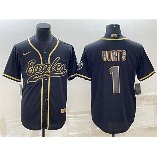Men Philadelphia Eagles 1 Jalen Hurts Black Gold With Patch Cool Base Stitched Baseball Jersey Men Philadelphia Eagles 1 Jalen Hurts Black Gold With Patch Cool Base Stitched Baseball Jersey