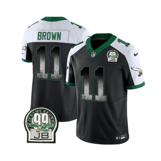 Men Philadelphia Eagles 11 A J Brown Black White 2023 F U S E Throwback Vapor Untouchable Limited Stitched Football Jersey Men Philadelphia Eagles 11 A J Brown Black White 2023 F U S E Throwback Vapor Untouchable Limited Stitched Football Jersey