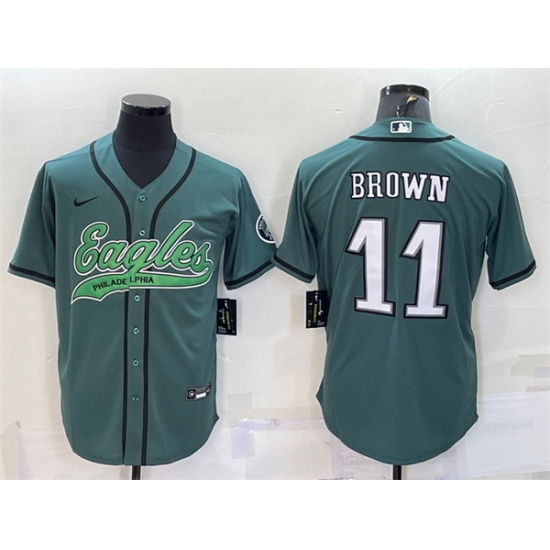 Men Philadelphia Eagles 11 A J Brown Green With Patch Cool Base Stitched Baseball Jersey Men Philadelphia Eagles 11 A J Brown Green With Patch Cool Base Stitched Baseball Jersey