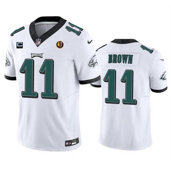 Men Philadelphia Eagles 11 A J Brown White 2023 F U S E With 1 Star C Patch And John Madden Patch Vapor Limited Stitched Football Jersey Men Philadelphia Eagles 11 A J Brown White 2023 F U S E With 1 Star C Patch And John Madden Patch Vapor Limited Stitched Football Jersey