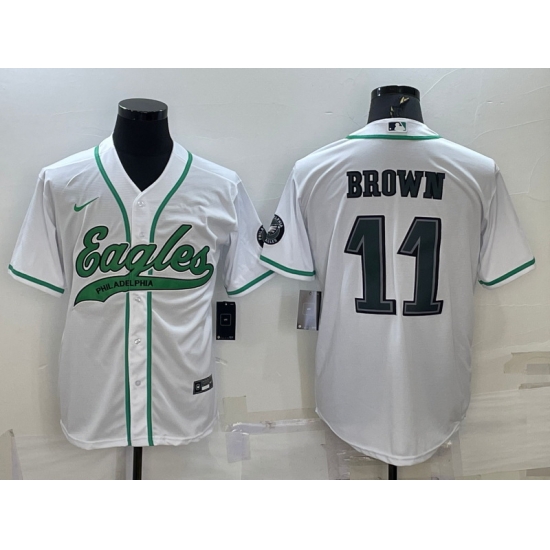 Men Philadelphia Eagles 11 A J Brown White With Patch Cool Base Stitched Baseball Jersey Men Philadelphia Eagles 11 A J Brown White With Patch Cool Base Stitched Baseball Jersey