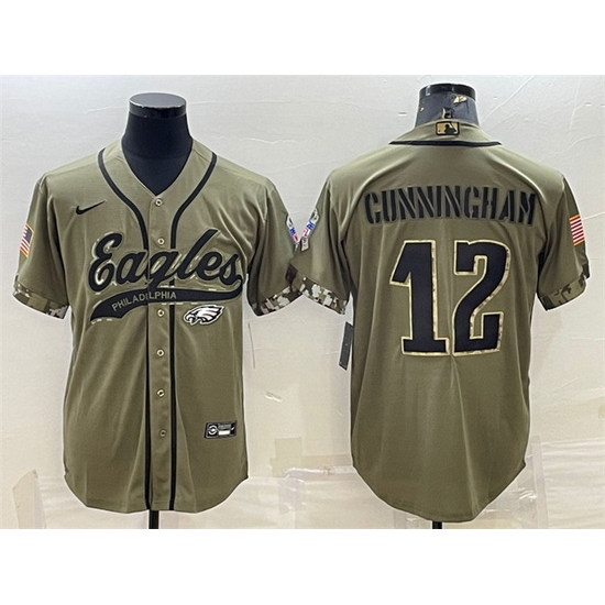 Men Philadelphia Eagles 12 Randall Cunningham Olive 2022 Salute To Service Cool Base Stitched Baseball Jersey Men Philadelphia Eagles 12 Randall Cunningham Olive 2022 Salute To Service Cool Base Stitched Baseball Jersey