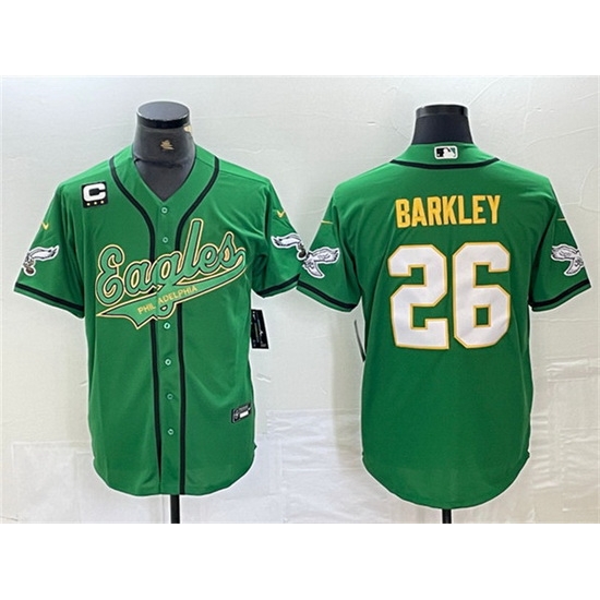 Men Philadelphia Eagles 26 Saquon Barkley Green Gold With 3 star C Patch Cool Base Baseball Stitched Jersey Men Philadelphia Eagles 26 Saquon Barkley Green Gold With 3 star C Patch Cool Base Baseball Stitched Jersey