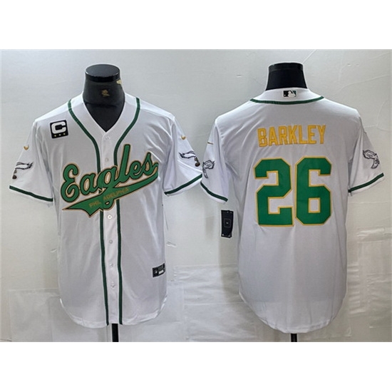 Men Philadelphia Eagles 26 Saquon Barkley White Gold With 3 star C Patch Cool Base Baseball Stitched Jersey Men Philadelphia Eagles 26 Saquon Barkley White Gold With 3 star C Patch Cool Base Baseball Stitched Jersey