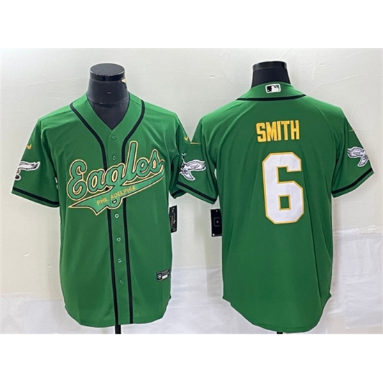 Men Philadelphia Eagles 6 DeVonta Smith Green Gold Cool Base Stitched Baseball Jersey Men Philadelphia Eagles 6 DeVonta Smith Green Gold Cool Base Stitched Baseball Jersey