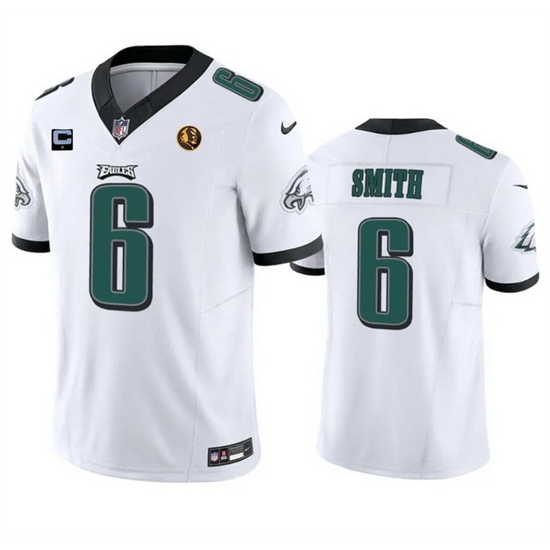 Men Philadelphia Eagles 6 DeVonta Smith White 2023 F U S E With 1 Star C Patch And John Madden Patch Vapor Limited Stitched Football Jersey Men Philadelphia Eagles 6 DeVonta Smith White 2023 F U S E With 1 Star C Patch And John Madden Patch Vapor Limited Stitched Football Jersey