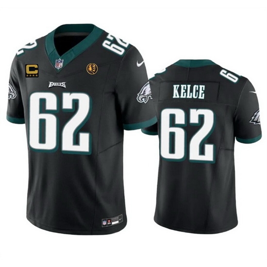 Men Philadelphia Eagles 62 Jason Kelce Black 2023 F U S E With 4 Star C Patch And John Madden Patch Vapor Limited Stitched Football Jersey Men Philadelphia Eagles 62 Jason Kelce Black 2023 F U S E With 4 Star C Patch And John Madden Patch Vapor Limited Stitched Football Jersey