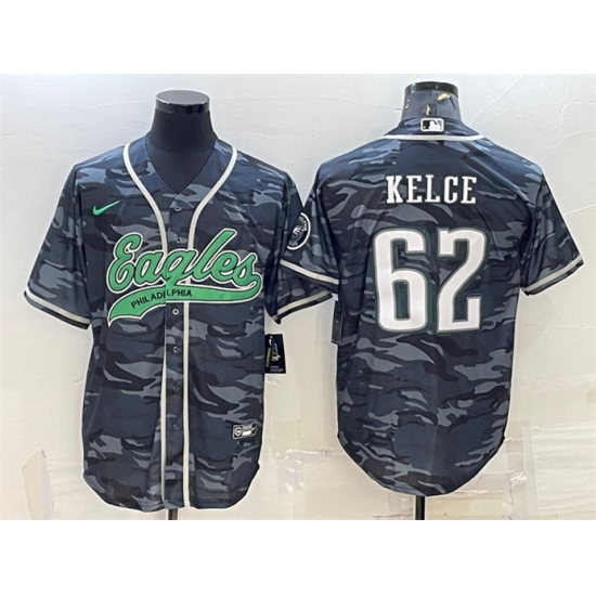 Men Philadelphia Eagles 62 Jason Kelce Grey Camo With Patch Cool Base Stitched Baseball Jersey Men Philadelphia Eagles 62 Jason Kelce Grey Camo With Patch Cool Base Stitched Baseball Jersey
