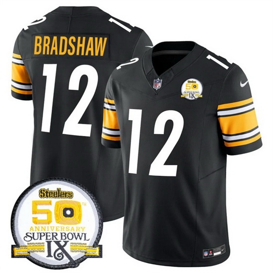 Men Pittsburgh Steelers 12 Terry Bradshaw Black 2024 F U S E 50th Anniversary Of Super Bowl IX Alternate Vapor Untouchable Limited Stitched Jersey Men Pittsburgh Steelers 12 Terry Bradshaw Black 2024 F U S E 50th Anniversary Of Super Bowl IX Alternate Vapor Untouchable Limited Stitched Jersey
