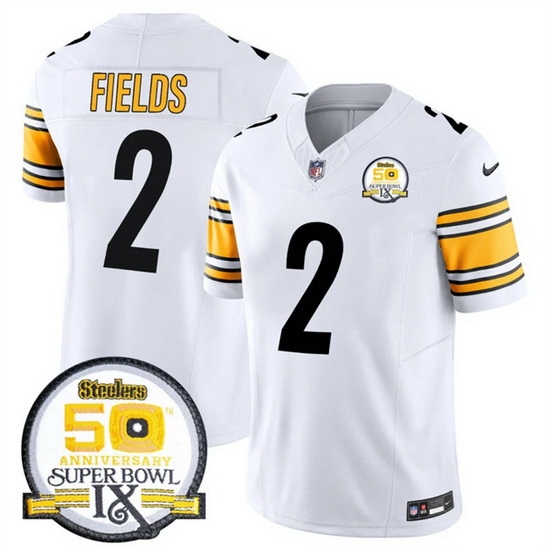 Men Pittsburgh Steelers 2 Justin Fields White 2024 F U S E 50th Anniversary Of Super Bowl IX Alternate Vapor Untouchable Limited Stitched Jersey Men Pittsburgh Steelers 2 Justin Fields White 2024 F U S E 50th Anniversary Of Super Bowl IX Alternate Vapor Untouchable Limited Stitched Jersey