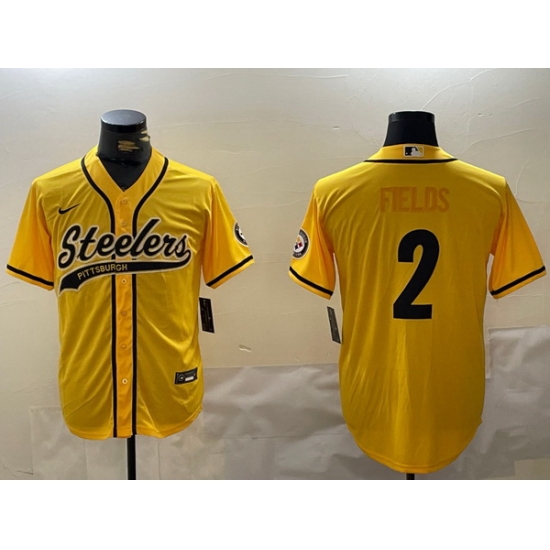 Men Pittsburgh Steelers 2 Justin Fields Yellow With Patch Cool Base Stitched Baseball Jersey Men Pittsburgh Steelers 2 Justin Fields Yellow With Patch Cool Base Stitched Baseball Jersey