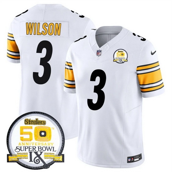 Men Pittsburgh Steelers 3 Russell Wilson White 2024 F U S E 50th Anniversary Of Super Bowl IX Alternate Vapor Untouchable Limited Stitched Jersey Men Pittsburgh Steelers 3 Russell Wilson White 2024 F U S E 50th Anniversary Of Super Bowl IX Alternate Vapor Untouchable Limited Stitched Jersey