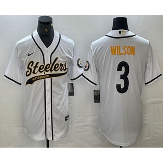 Men Pittsburgh Steelers 3 Russell Wilson White With Patch Cool Base Stitched Baseball Jerseys Men Pittsburgh Steelers 3 Russell Wilson White With Patch Cool Base Stitched Baseball Jerseys