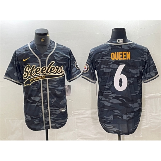 Men Pittsburgh Steelers 6 Patrick Queen Grey Camo With Patch Cool Base Stitched Baseball Jersey Men Pittsburgh Steelers 6 Patrick Queen Grey Camo With Patch Cool Base Stitched Baseball Jersey