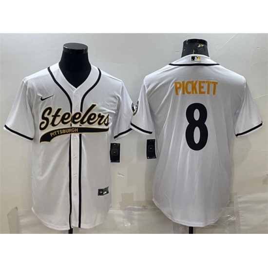 Men Pittsburgh Steelers 8 Kenny Pickett White With Patch Cool Base Stitched Baseball Jersey Men Pittsburgh Steelers 8 Kenny Pickett White With Patch Cool Base Stitched Baseball Jersey