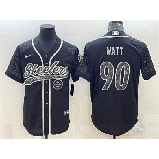 Men Pittsburgh Steelers 90 T J Watt Black Reflective With Patch Cool Base Stitched Baseball Jersey Men Pittsburgh Steelers 90 T J Watt Black Reflective With Patch Cool Base Stitched Baseball Jersey