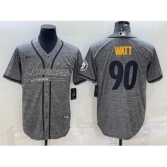 Men Pittsburgh Steelers 90 T J Watt Grey With Patch Cool Base Stitched Baseball Jersey Men Pittsburgh Steelers 90 T J Watt Grey With Patch Cool Base Stitched Baseball Jersey