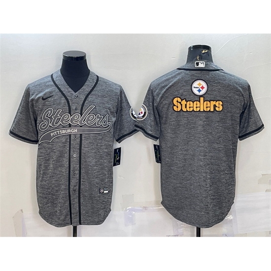 Men Pittsburgh Steelers Grey Team Big Logo With Patch Cool Base Stitched Baseball Jersey Men Pittsburgh Steelers Grey Team Big Logo With Patch Cool Base Stitched Baseball Jersey