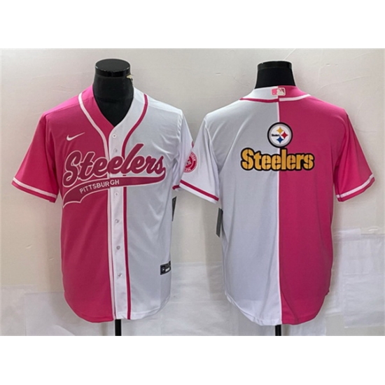 Men Pittsburgh Steelers White Pink Split Team Big Logo Cool Base Stitched Baseball Jersey Men Pittsburgh Steelers White Pink Split Team Big Logo Cool Base Stitched Baseball Jersey
