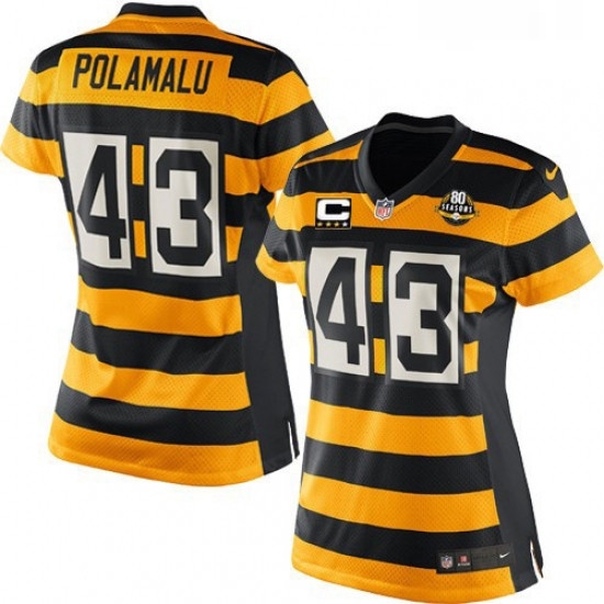 Womens Nike Pittsburgh Steelers 43 Troy Polamalu Elite YellowBlack Alternate 80TH Anniversary Throwback C Patch NFL Jersey Womens Nike Pittsburgh Steelers 43 Troy Polamalu Elite YellowBlack Alternate 80TH Anniversary Throwback C Patch NFL Jersey
