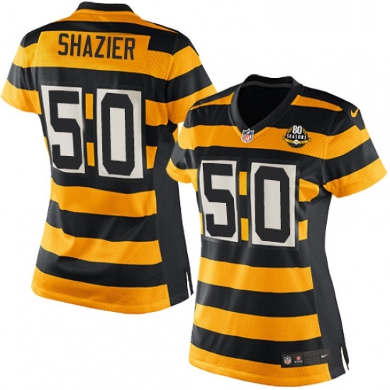 Womens Nike Pittsburgh Steelers 50 Ryan Shazier Game YellowBlack Alternate 80TH Anniversary Throwback NFL Jersey Womens Nike Pittsburgh Steelers 50 Ryan Shazier Game YellowBlack Alternate 80TH Anniversary Throwback NFL Jersey