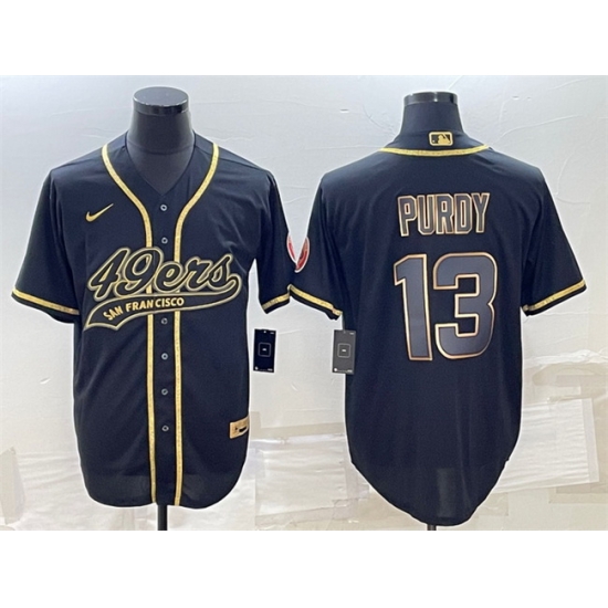 Men San Francisco 49ers 13 Brock Purdy Black Gold With Patch Cool Base Stitched Baseball Jersey Men San Francisco 49ers 13 Brock Purdy Black Gold With Patch Cool Base Stitched Baseball Jersey