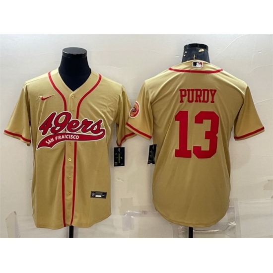 Men San Francisco 49ers 13 Brock Purdy Gold With Patch Cool Base Stitched Baseball Jersey Men San Francisco 49ers 13 Brock Purdy Gold With Patch Cool Base Stitched Baseball Jersey