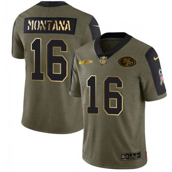 Men San Francisco 49ers 16 Joe Montana 2021 Olive Camo Salute To Service Golden Limited Stitched Jersey Men San Francisco 49ers 16 Joe Montana 2021 Olive Camo Salute To Service Golden Limited Stitched Jersey