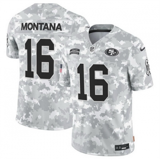 Men San Francisco 49ers 16 Joe Montana 2024 F U S E Arctic Camo Salute To Service Limited Stitched Football Jersey Men San Francisco 49ers 16 Joe Montana 2024 F U S E Arctic Camo Salute To Service Limited Stitched Football Jersey