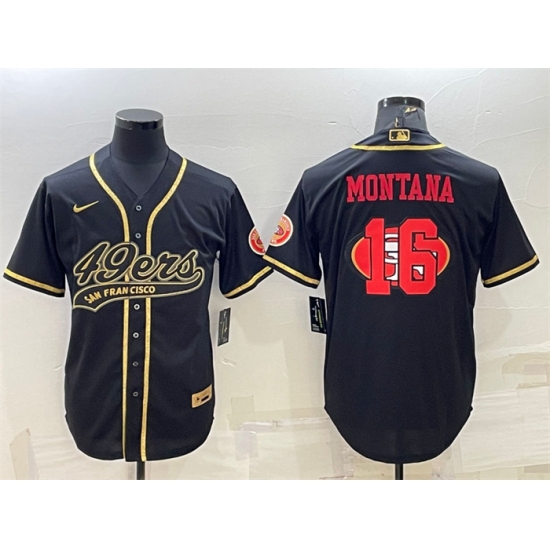 Men San Francisco 49ers 16 Joe Montana Black Gold Team Big Logo With Patch Cool Base Stitched Baseball Jersey Men San Francisco 49ers 16 Joe Montana Black Gold Team Big Logo With Patch Cool Base Stitched Baseball Jersey