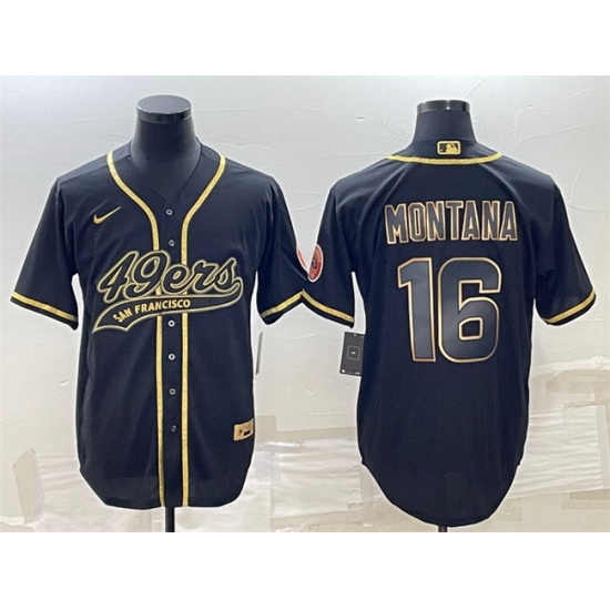 Men San Francisco 49ers 16 Joe Montana Black Gold With Patch Cool Base Stitched Baseball Jersey Men San Francisco 49ers 16 Joe Montana Black Gold With Patch Cool Base Stitched Baseball Jersey