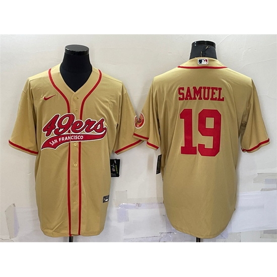 Men San Francisco 49ers 19 Deebo Samuel Gold With Patch Cool Base Stitched Baseball Jersey Men San Francisco 49ers 19 Deebo Samuel Gold With Patch Cool Base Stitched Baseball Jersey