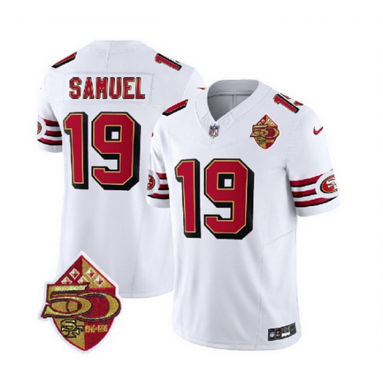 Men San Francisco 49ers 19 Deebo Samuel White 2023 F U S E 50th Patch Throwback Stitched Football Jersey Men San Francisco 49ers 19 Deebo Samuel White 2023 F U S E 50th Patch Throwback Stitched Football Jersey