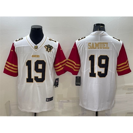 Men San Francisco 49ers 19 Deebo Samuel White Gold With 75th Anniversary Patch Stitched Jersey Men San Francisco 49ers 19 Deebo Samuel White Gold With 75th Anniversary Patch Stitched Jersey