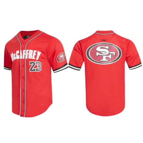 Men San Francisco 49ers 23 Christian McCaffrey Mesh Button Up Stitched Baseball Jersey Men San Francisco 49ers 23 Christian McCaffrey Mesh Button Up Stitched Baseball Jersey