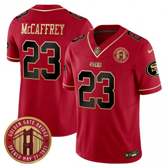 Men San Francisco 49ers 23 Christian McCaffrey Red F U S E Golden Gate Bridge Patch Scarlet Vapor Limited Stitched Football Jersey Men San Francisco 49ers 23 Christian McCaffrey Red F U S E Golden Gate Bridge Patch Scarlet Vapor Limited Stitched Football Jersey