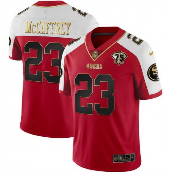 Men San Francisco 49ers 23 Christian McCaffrey Red Gold With 75th Patch Vapor Limited Stitched Football Jersey Men San Francisco 49ers 23 Christian McCaffrey Red Gold With 75th Patch Vapor Limited Stitched Football Jersey