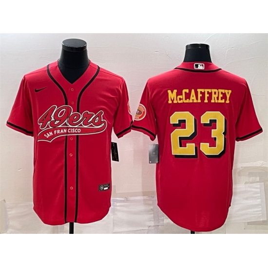 Men San Francisco 49ers 23 Christian McCaffrey Red Gold With Patch Cool Base Stitched Baseball Jersey Men San Francisco 49ers 23 Christian McCaffrey Red Gold With Patch Cool Base Stitched Baseball Jersey