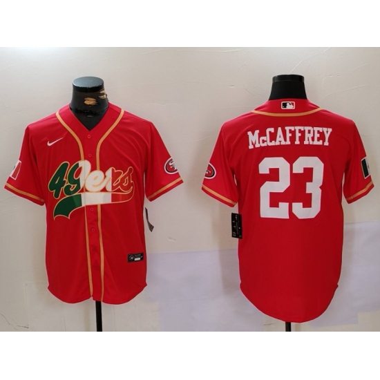 Men San Francisco 49ers 23 Christian McCaffrey Red With Patch Cool Base Stitched Baseball Jersey 2 Men San Francisco 49ers 23 Christian McCaffrey Red With Patch Cool Base Stitched Baseball Jersey 2