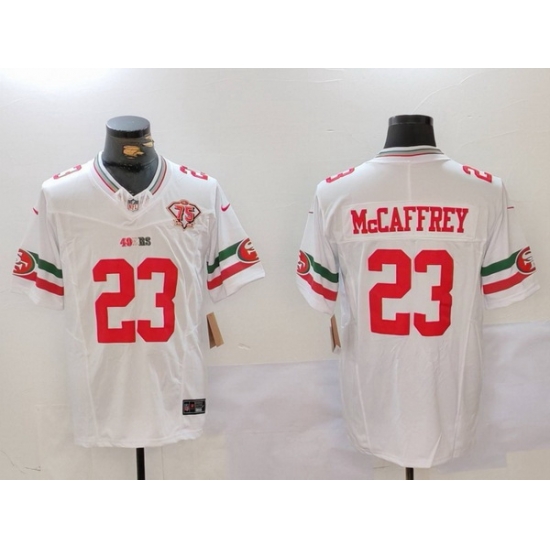 Men San Francisco 49ers 23 Christian McCaffrey White F U S E Mexico Faithful To The Bay Patch Vapor Limited Stitched Football Jersey 2 Men San Francisco 49ers 23 Christian McCaffrey White F U S E Mexico Faithful To The Bay Patch Vapor Limited Stitched Football Jersey 2