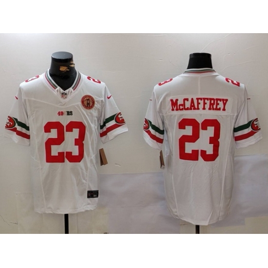 Men San Francisco 49ers 23 Christian McCaffrey White Gold With 75th Patch Vapor Limited Stitched Football Jersey Men San Francisco 49ers 23 Christian McCaffrey White Gold With 75th Patch Vapor Limited Stitched Football Jersey