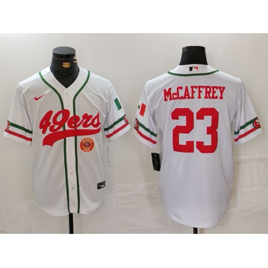Men San Francisco 49ers 23 Christian McCaffrey White With Patch Cool Base Stitched Baseball Jersey 1 Men San Francisco 49ers 23 Christian McCaffrey White With Patch Cool Base Stitched Baseball Jersey 1