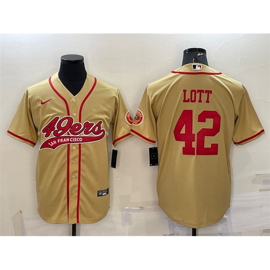 Men San Francisco 49ers 42 Ronnie Lott Gold With Patch Cool Base Stitched Baseball Jersey Men San Francisco 49ers 42 Ronnie Lott Gold With Patch Cool Base Stitched Baseball Jersey