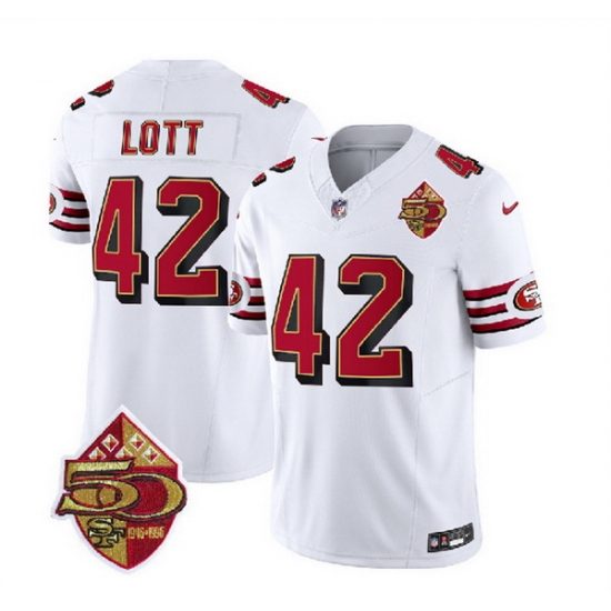 Men San Francisco 49ers 42 Ronnie Lott White 2023 F U S E 50th Patch Throwback Stitched Football Jersey Men San Francisco 49ers 42 Ronnie Lott White 2023 F U S E 50th Patch Throwback Stitched Football Jersey