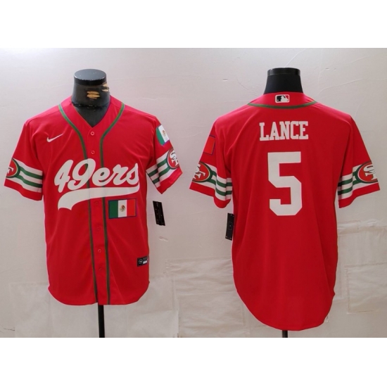 Men San Francisco 49ers 5 Trey Lance Red With Patch Cool Base Stitched Baseball Jersey 1 Men San Francisco 49ers 5 Trey Lance Red With Patch Cool Base Stitched Baseball Jersey 1